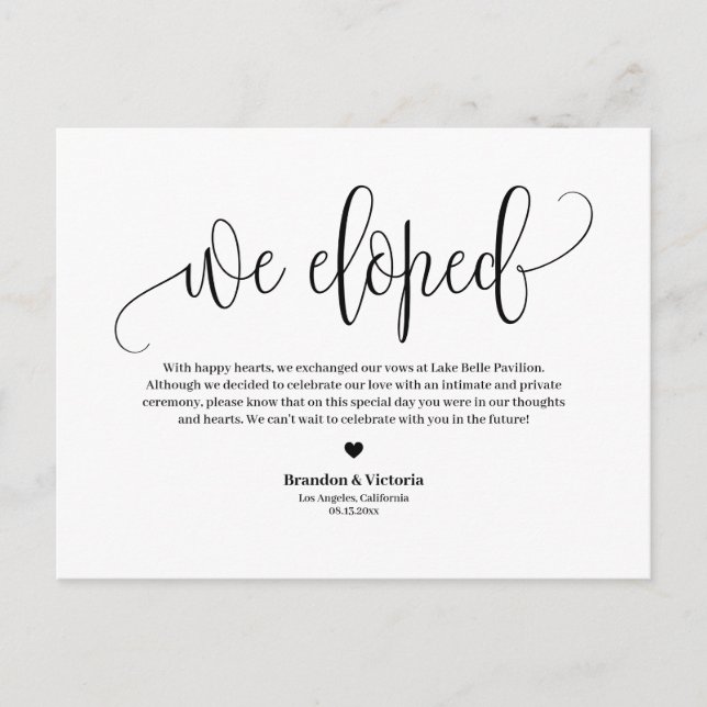We Eloped | Black Pretty Script Wedding Elopement Announcement Postcard (Front)