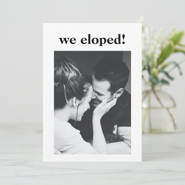 We Eloped Black White Photo Celebration Party Invitation (Standing Front)