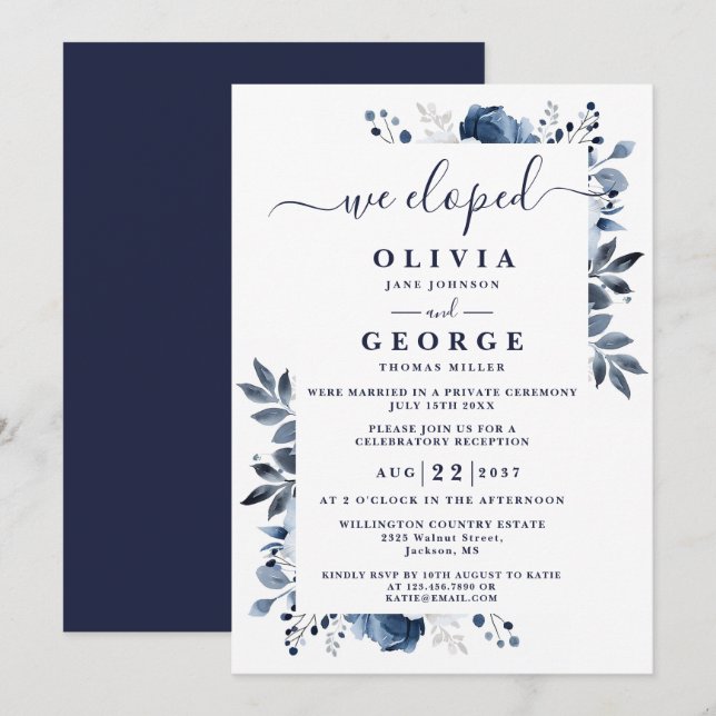 We Eloped Blue Botanical Floral Wedding Elopement Invitation (Front/Back)