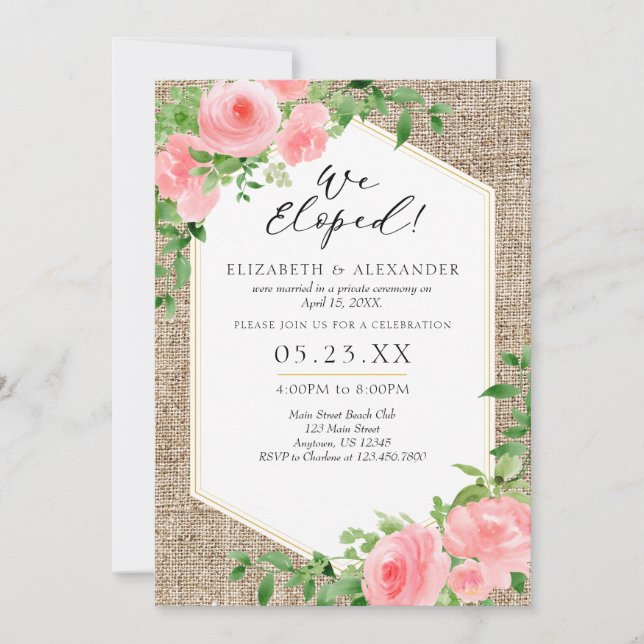 We Eloped Burlap Pink Floral Wedding Elopement Invitation (Front)