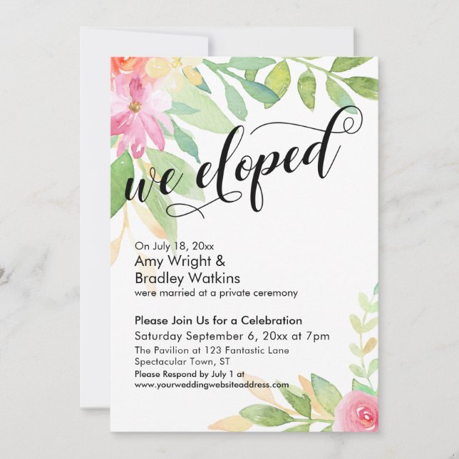 We Eloped Calligraphy Pink Watercolor Flowers Invitation (Front)