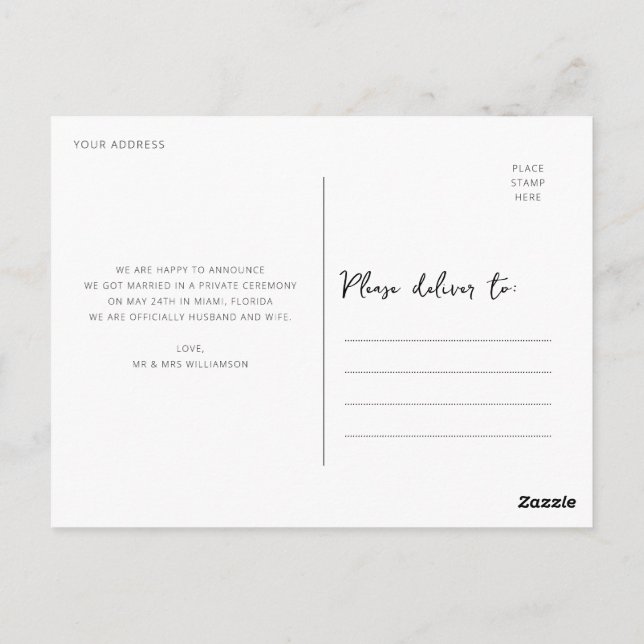 we eloped calligraphy wedding announcement postcard (Back)