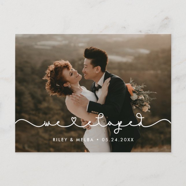 We eloped Cute connecting heart font photo Postcard (Front)
