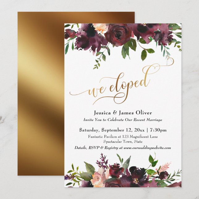 We Eloped Deep Red Burgundy Floral Gold Script Invitation (Front/Back)