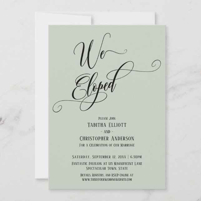We Eloped Elaborate Script, Pale Sage Green Invitation (Front)