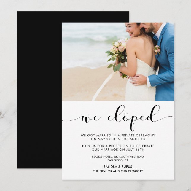 We eloped Elegant black & white photo announcement (Front/Back)