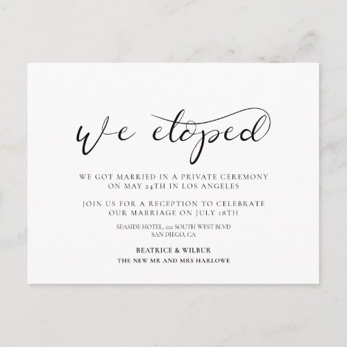 We eloped Elegant calligraphY announcement Postcard