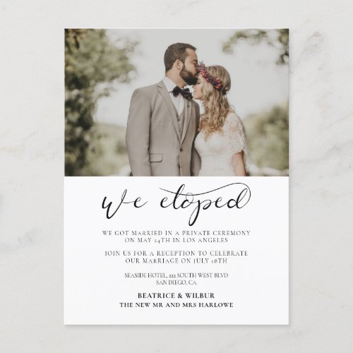 We eloped Elegant calligraphy wedding announcement Postcard