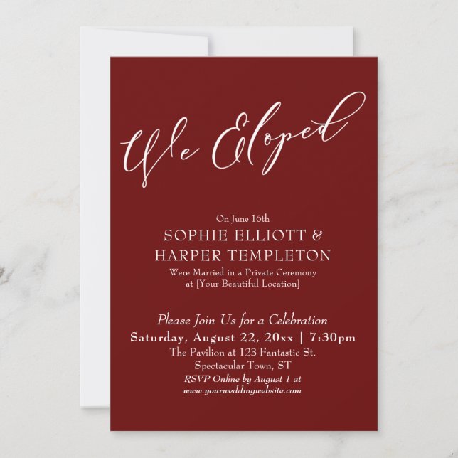 We Eloped, Elegant Simple Burgundy Celebration Invitation (Front)