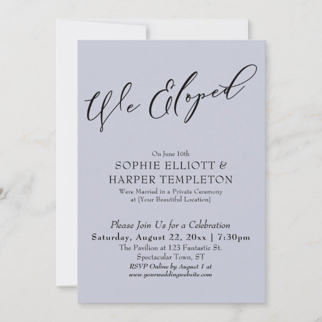 We Eloped, Elegant Simple Dusty Blue Celebration Invitation (Front)