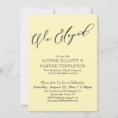 We Eloped Elegant Simple Pale Yellow Celebration Invitation