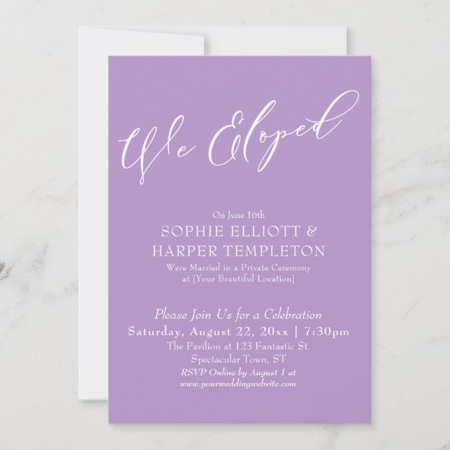 We Eloped, Elegant Simple Purple Celebration Invitation (Front)