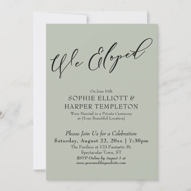 We Eloped, Elegant Simple Sage Green Celebration Invitation (Front)