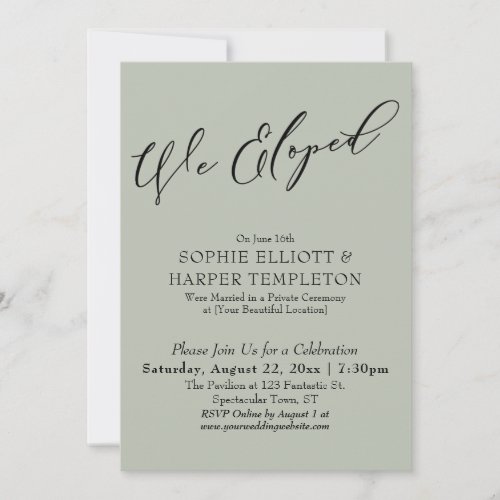 We Eloped Elegant Simple Sage Green Celebration Invitation