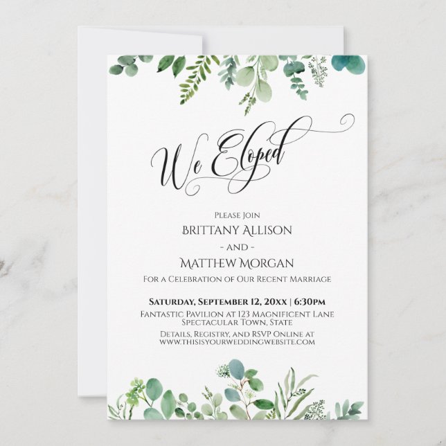 We Eloped Elegant Typography Eucalyptus Greenery Invitation (Front)