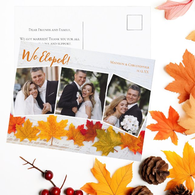 We Eloped Fall Leaf Newlywed Photo Collage Wedding Postcard (Creator Uploaded)