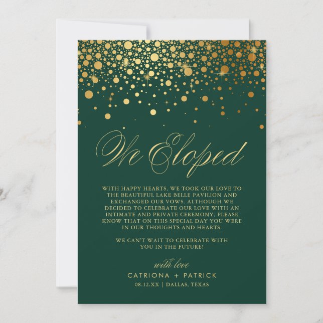 We Eloped Faux Gold Foil Confetti Green Wedding Announcement (Front)