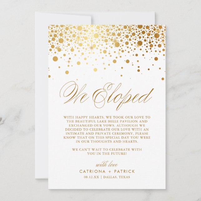 We Eloped Faux Gold Foil Confetti White Wedding Announcement (Front)
