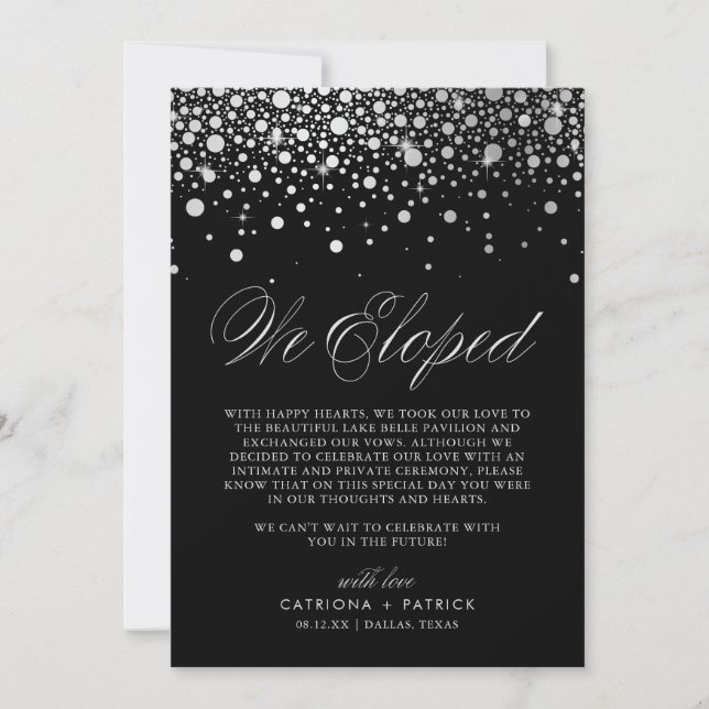 We Eloped Faux Silver Foil Confetti Black Wedding Announcement (Front)