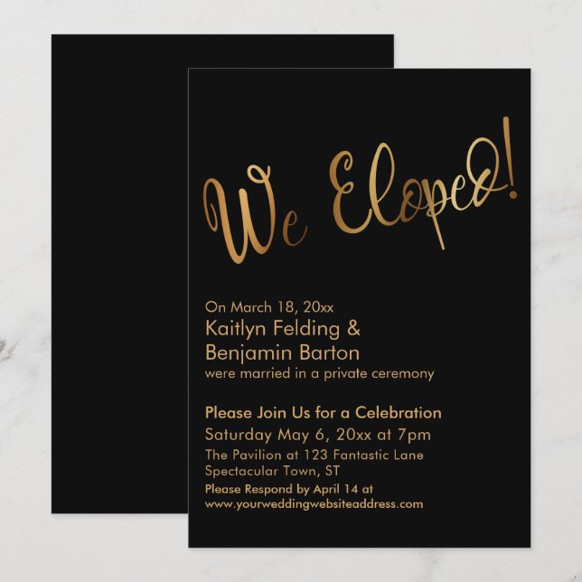 We Eloped! Gold and Black Post Wedding Celebration Invitation (Front/Back)