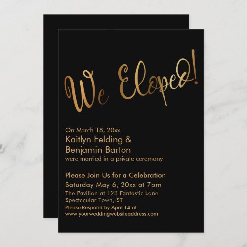 We Eloped Gold and Black Post Wedding Celebration Invitation