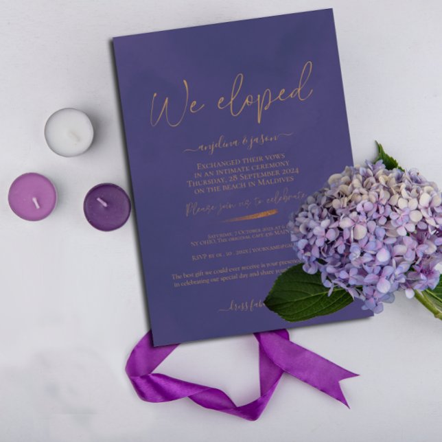 We Eloped Gold and Purple Elegant Wedding  Invitation (Creator Uploaded)