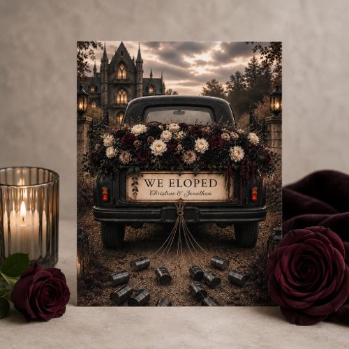We Eloped GothicTruck Crimson Floral Wedding Announcement