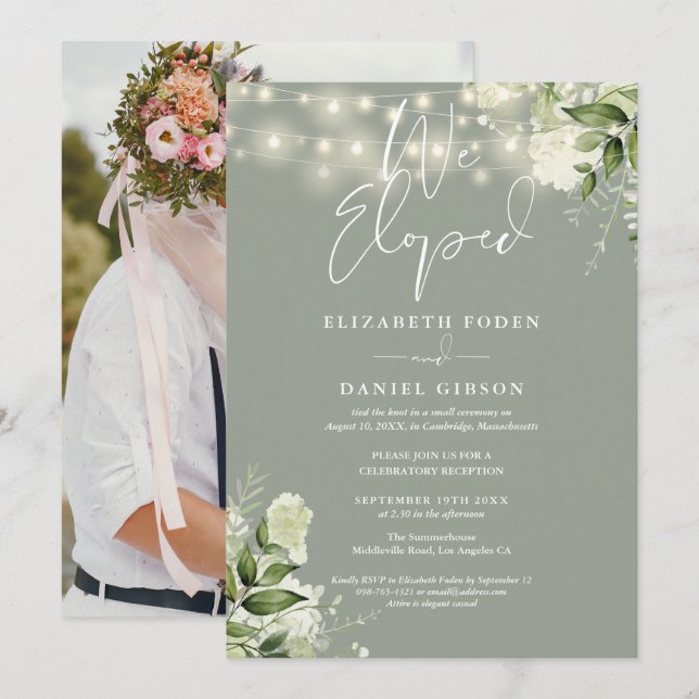 We Eloped Greenery Sage Green Photo Wedding Party Invitation (Front/Back)