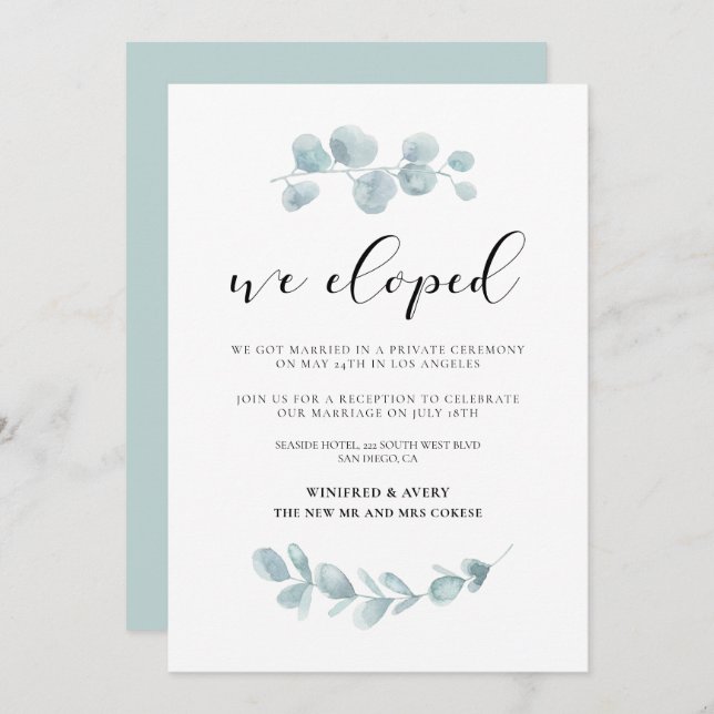 We eloped Greenery wedding announcement (Front/Back)