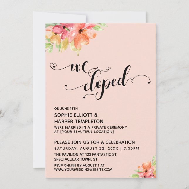 We Eloped Hearts Script Watercolor Flowers Invitation (Front)