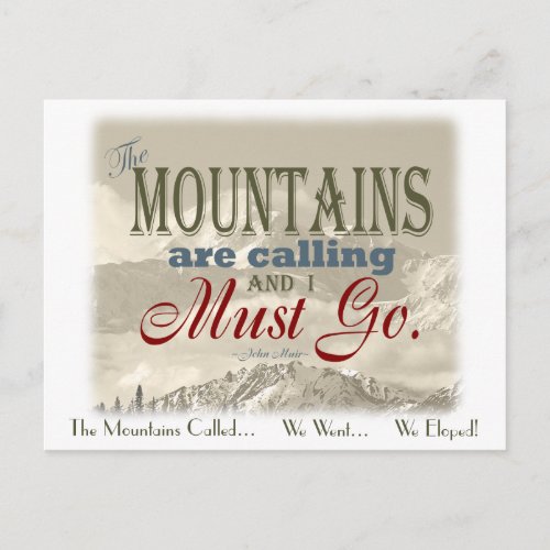 We Eloped in Mountains Vintage Muir_Mtns Called Announcement Postcard