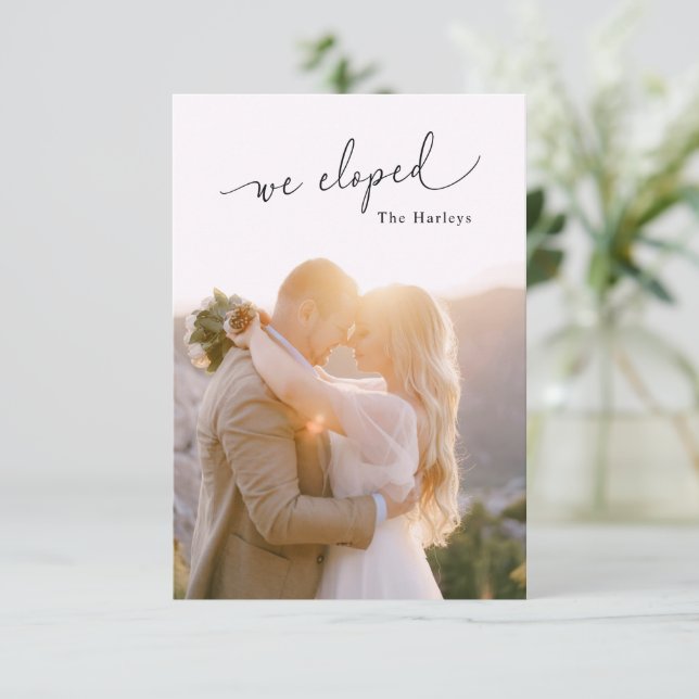 We Eloped Lovely Script Wedding Photo Announcement (Standing Front)