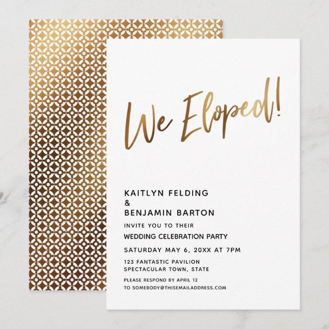We Eloped! Minimal Gold Calligraphy Celebration Invitation (Front/Back)