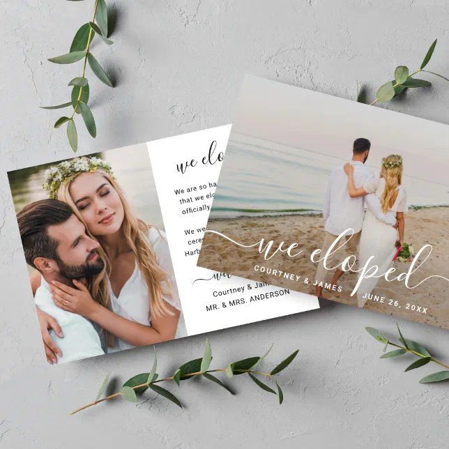 We Eloped Minimalistic Script Custom Photo Wedding Announcement | Zazzle