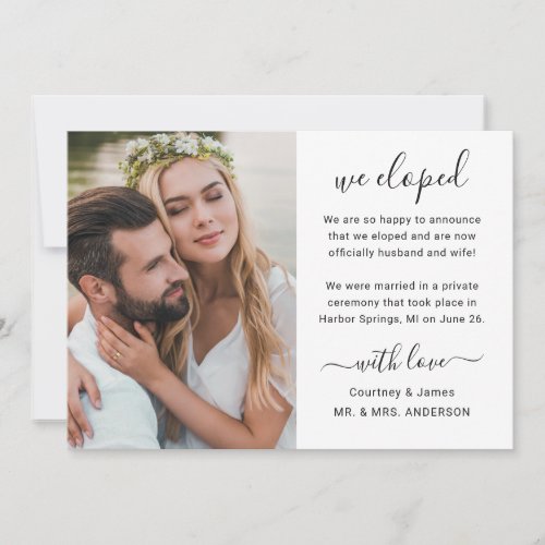 We Eloped Minimalistic Script Custom Photo Wedding Announcement