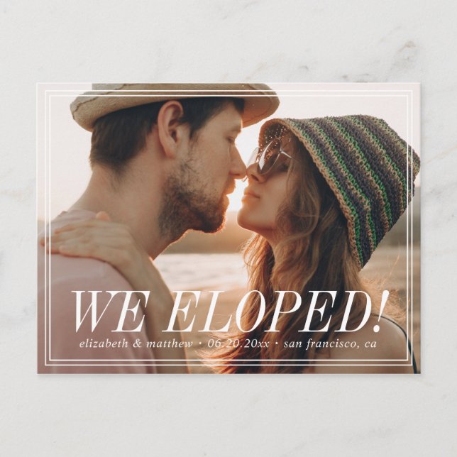 We Eloped! Modern Custom Photo Announcement Postcard (Front)