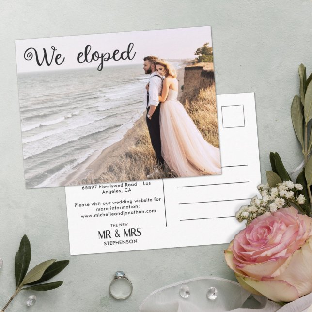 We eloped modern minimalist 2 photo announcement postcard (Creator Uploaded)