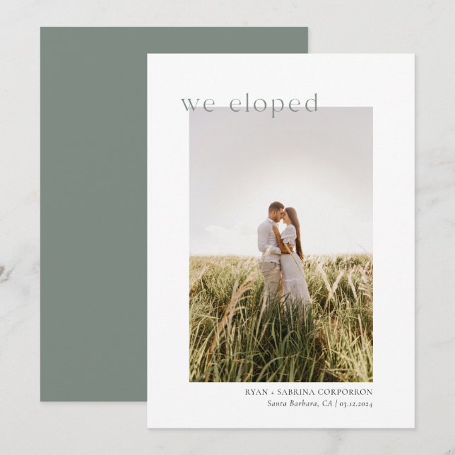 We Eloped Modern Minimalist Eucalyptus Green Announcement (Front/Back)