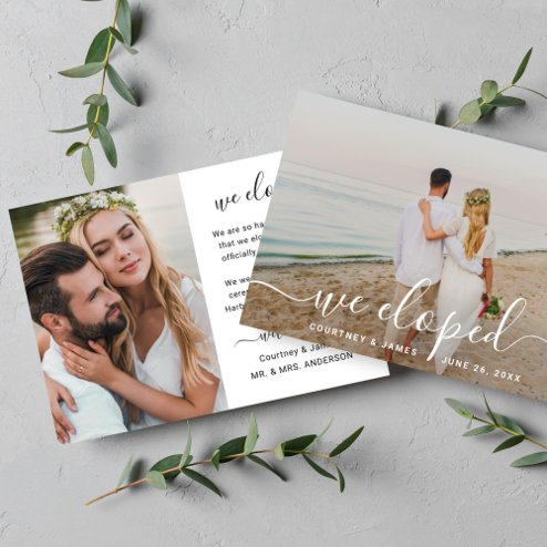 Wedding announcements - Pink Dramatic personalized gifts for you We eloped modern script photo wedding announcement