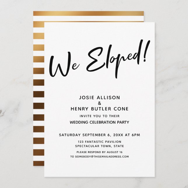 We Eloped! Modern Wedding Reception + Gold Stripes Invitation (Front/Back)