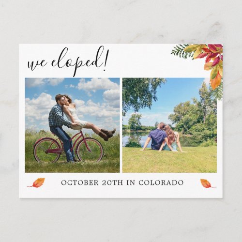 We eloped multi photo announcement autum postcard