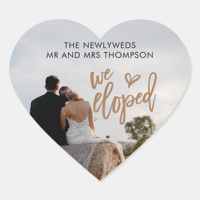 We Eloped Name Photo Artsy Script Heart Sticker (Front)
