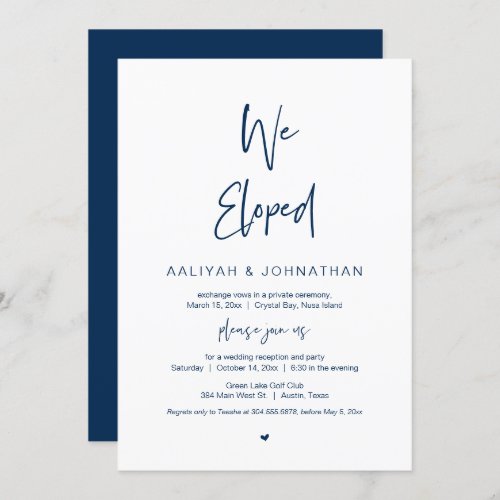 We eloped Navy Blue Wedding Elopement Party Invitation