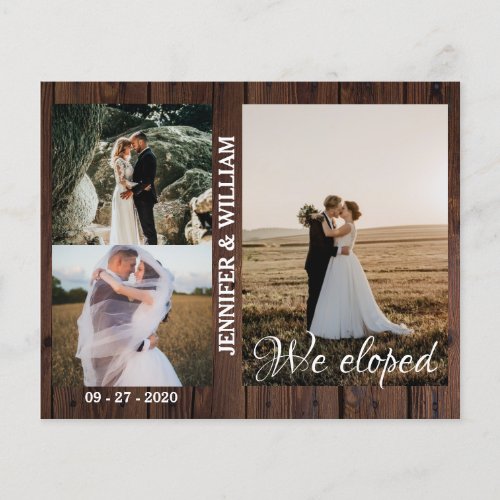 We Eloped Photo Collage Wood Wedding Announcement 