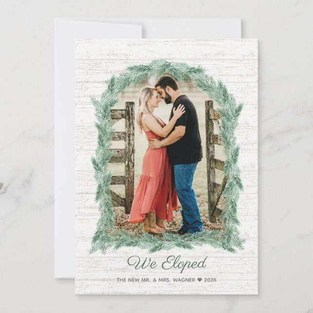 We Eloped Pine Bough Arch Frame with Photo Holiday Card (Front)