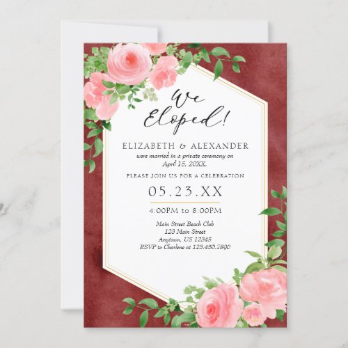 We Eloped Pink Burgundy Floral Wedding Elopement Invitation