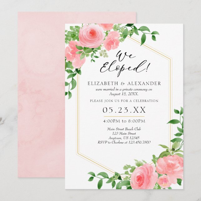 We Eloped Pink Floral Wedding Elopement Invitation (Front/Back)