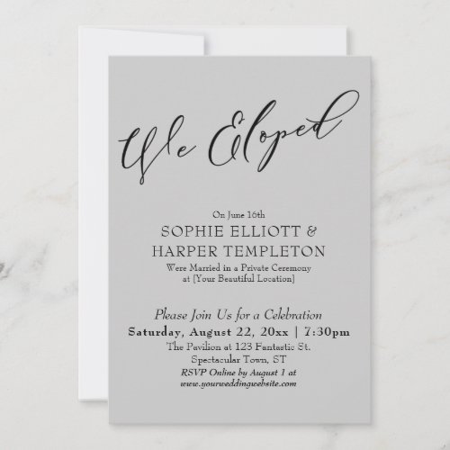 We Eloped Pretty Elegant Simple Gray Celebration Invitation