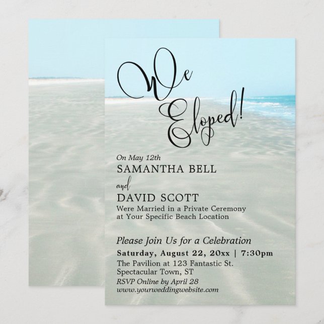 We Eloped! Rippled Sand Aqua Water Beach Event Invitation (Front/Back)