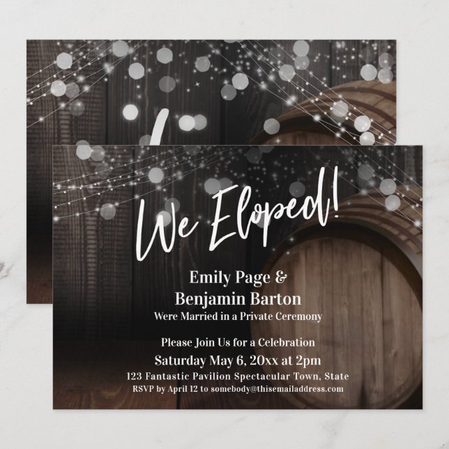 We Eloped Rustic Wood Barrel and Lights Reception Invitation (Front/Back)